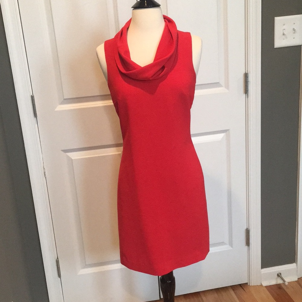 Poppy colored cowl neck sheath dress from JCrew
